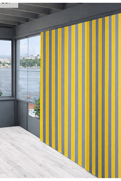 İM&YA Bağcıklı Halkalı Kornişli Sarı-Gri Balkon Perdesi Gölgelik Branda
