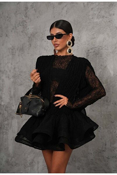 Friday Mood Γυναικεία φούστα με βολάν και δαντέλα με λεπτομερή σχεδίαση