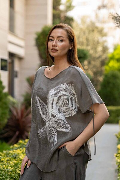 Butik Suat Çizgi Desen Boyun İp Detay Kadın Bluz