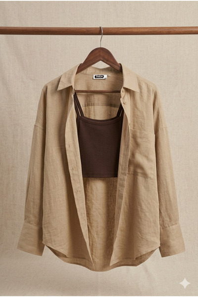 Shiron Sportswear&Company Γυναικείο λινό πουκάμισο Camel Oversize 100% βαμβάκι