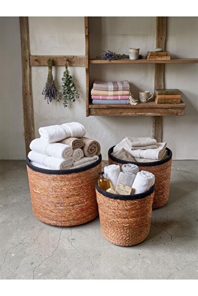 Bayev Hasır Siyah 3 Boy Saksı Set Siyah Silindir Saksılık Hasır Çiçeklik Orga...