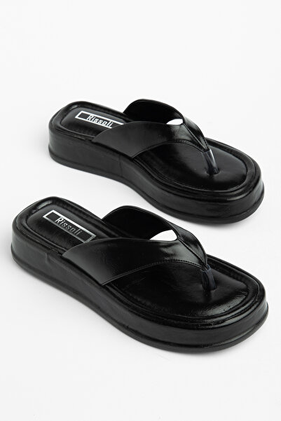 RİSSOLİ Γυναικεία μαύρα δερμάτινα άνετα σανδάλια για καθημερινή χρήση