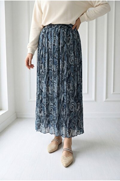 MİHRA STORE Φούστα σιφόν με σχέδια Bensu-FA1073.1 Ναυτικό μπλε