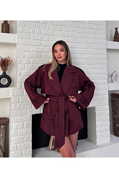 VESS MODA Rüzgarlık Detaylı ön ve arka Yeleli Kısa Trençkot Bordo