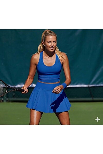 LADY HAZAL High Waist Blue Tennis Skirt - Darkalıp Slimfit Double Layer Sport...