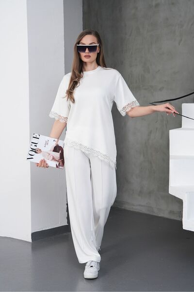 MODAMERSİ Γυναικείο Σετ Λευκής Δαντέλας με Λεπτομέρειες Κάτω-Άνω Μέρους Modal