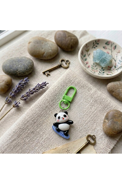Winy Concept Kawaii Sörfçü Panda Figürlü Anahtarlık - Yeşil Klipsli Çanta Aks...