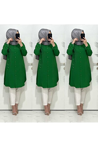 masalabiyem 3129 K100 BENETTON YEŞİLİ  YENİ SEZON TAŞLI TUNİK