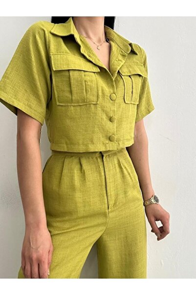 butik derin Λινό Πουκάμισο Παλτό Παντελόνι Γυναικείο Σετ Λαδί Πράσινο