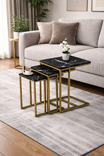 Riyes Tasarım Ahşap 3’lü Tekerlekli Zigon Sehpa Seti – Gold Metal Ayaklı – Mo...