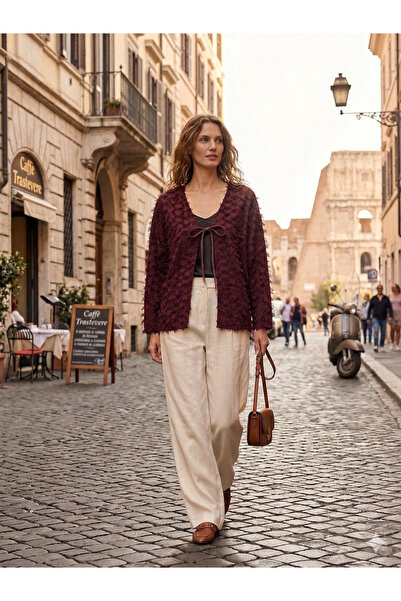 Moda Palmiss Γυναικεία μπλούζα κιμονό με φούντα σε μπορντό χρώμα, με λεπτομέρ...