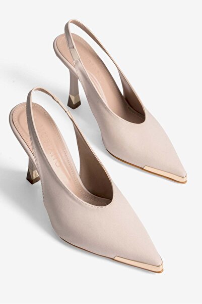 Mubiano Women's Nubuck Stiletto Pointed Toe Open Back Gold Metal Detailed Hee...