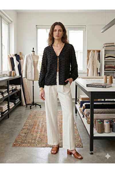 Moda Palmiss Γυναικεία μπλούζα κιμονό με μαύρη φούντα και λεπτομέρειες, χαλαρ...