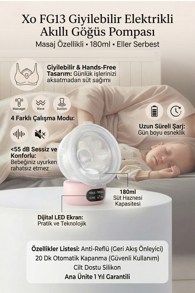 Xo FG13 Masaj Özellikli 180ml Giyilebilir Elektrikli Akıllı Göğüs Pompası