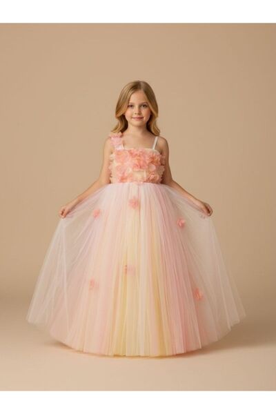 Zekids Βραδινό φόρεμα για κορίτσι με λουλούδια με λεπτομέρεια ώμου