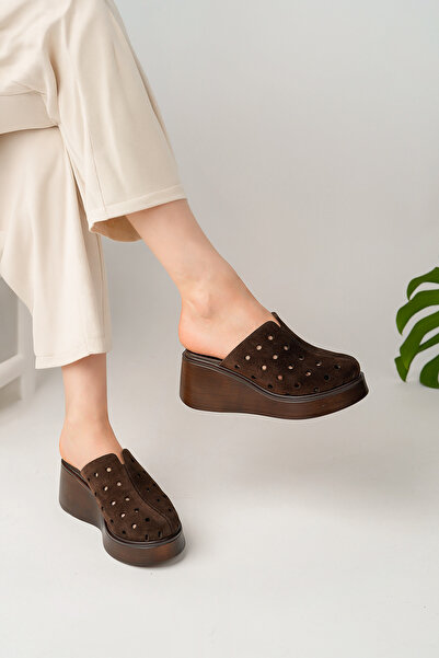 Deripabuc Γνήσιο Δέρμα Καφέ Σουέτ Γυναικεία Δερμάτινο Παντόφλες DP26-1720