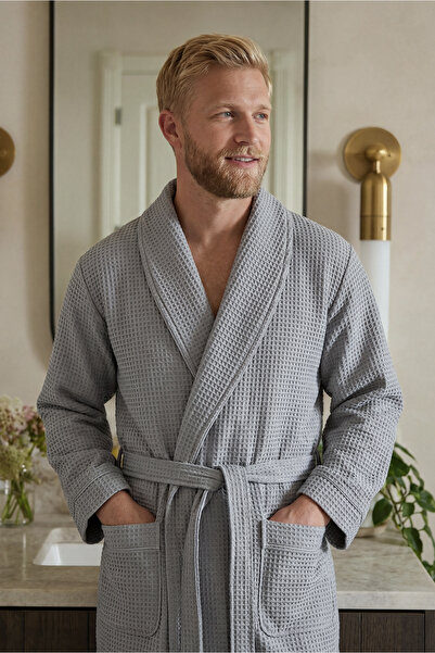 Green Black Ανδρικό μπουρνούζι πικέ σειράς Afra Elite, γκρι, με πιστοποίηση O...