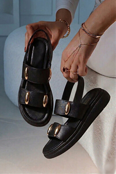 leopar by çetinay Luna Gold Toka Detaylı Lastikli Ortopedik Taban Kadın Sandalet