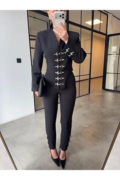 HARMONY GLOBAL Γυναικείο μαύρο σετ δύο τεμαχίων Gold T Με αγκράφα Μπλέιζερ Τζ...