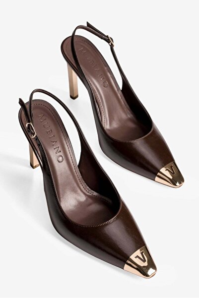Mubiano Kadın Stiletto Sivri Metal Burun Arka Açık Metal Topuk Nysa Kahve