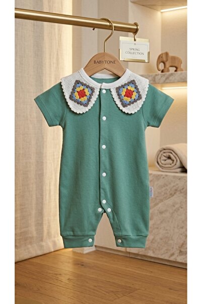 Kidzes Çiçek Örgü Yakalı Kısa Kollu Yazlık Tulum 3-6 Ay Kız Bebek