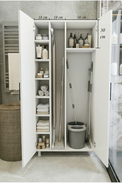 MONTENERO Çok Amaçlı Dolap Beyaz Banyo Düzenleyici Kiler Dolabı Kova Süpürge ...