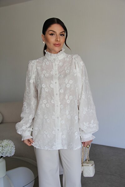 Julidress Πουκάμισο από βαμβάκι Premium με όρθιο γιακά, τρισδιάστατο κέντημα ...