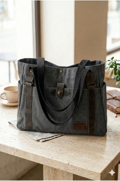 MANDOSİ Waxed Canvas Genuine Leather Detailed Tote Bag - Water-Resistant Dail...