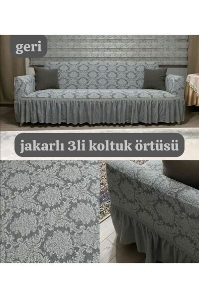 ARTUÇ JAKARLİ OSMANLİ DESEN 3 KİŞİLİK LASTİKLİ ETEKLİ KOLTUK ÖRTÜSÜ KOLTUK KI...