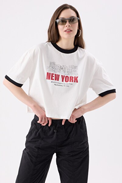 CrepTekstil Crep Kadın Biyeli New York Yazı Baskılı Bisiklet Yaka Kısa Kollu ...