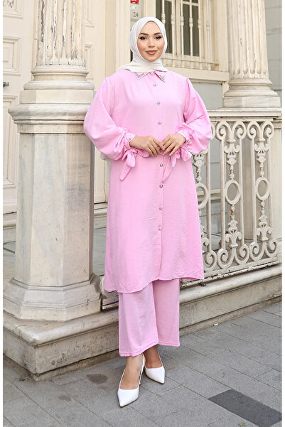 sefamerve Αερομπιν υφασμάτινο παντελόνι με κουμπιά δύο τεμαχίων 2147-03 Ροζ