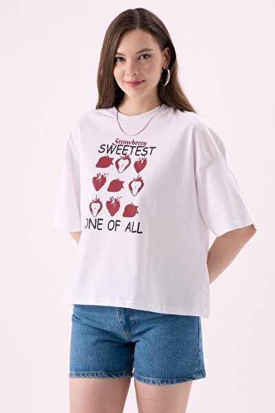 CrepTekstil Crep Kadın Strawberry Sweetest Baskılı T-Shirt Bisiklet Yaka Kısa...