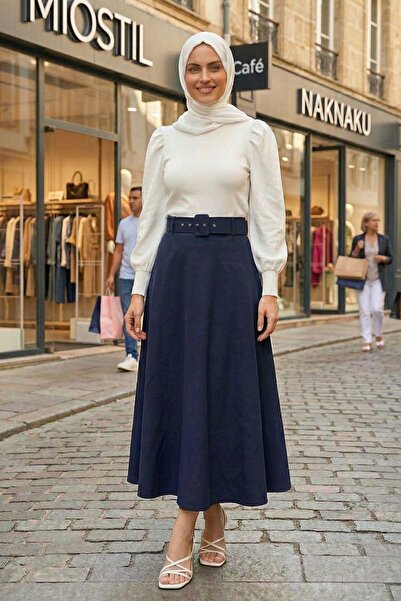 Naknaku Belt Layered Flared Skirt-Navy Blue