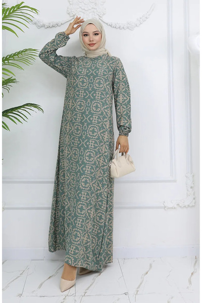 sefamerve Viscose Fabric Patterned Dress 0036-01 Green