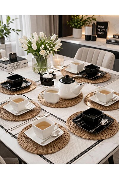 maycollection Porselen 17 Parça Siyah Beyaz Çay Takımı
