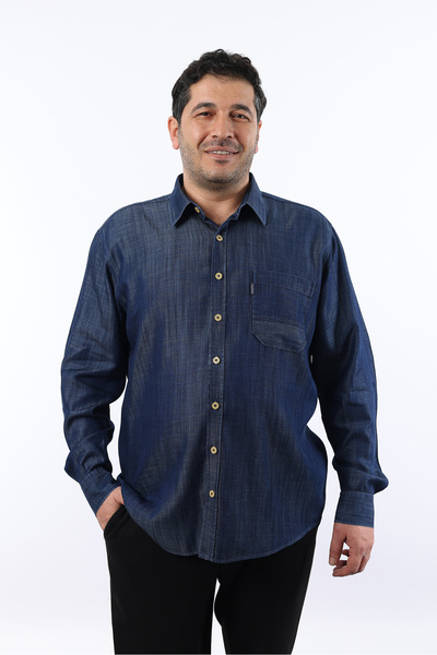 TOUSUS Plus Size Linen Effect Navy Blue Jeans Men's Shirt Btl-3029-Tss