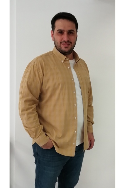 TOUSUS قميص رجالي منقوش من الليكرا الخردلية مقاس كبير BTL-6032-TSS