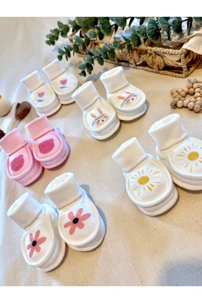 Renkli Puset Yenidoğan Kız Bebek 5'li Patik Set %100 Pamuk Hastane Çıkışı Bebek Patik Seti 0-3 Ay
