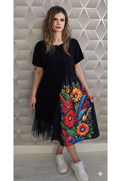 MAXORA SHOP Rochie fantezie din bumbac cu inserții satinate și dantelă fină