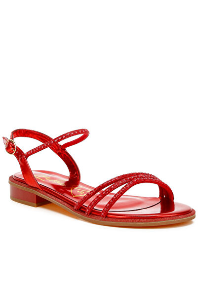 london Rag Women Rhinestone Pearl Detail Flat Sandals in Red