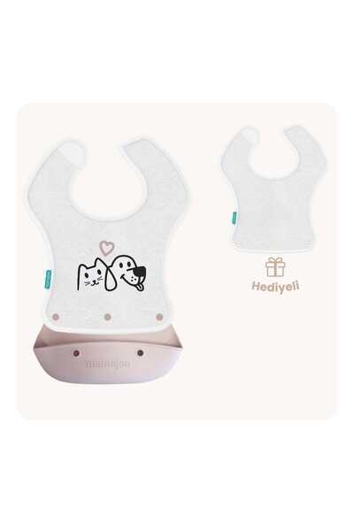 Mamajoo Silikon & Kumaş Katlanır Mama Önlüğü | 2-in-1 Powder Pink + Kumaş Önl...
