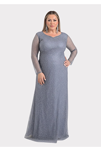 LİLAS XXL Büyük Beden Glitter Baskı Gri Renkli Uzun Kollu Uzun Abiye Elbise
