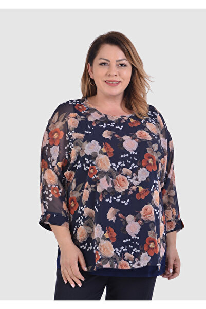 LİLAS XXL Büyük Beden Lacivert Renkli Çiçekli Desenli Şifon Bluz