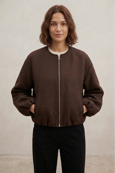 SmallTouch Rahat Kalıp Kaşe Kumaş Kadın Fermuarlı Acı Kahve Bomber Ceket