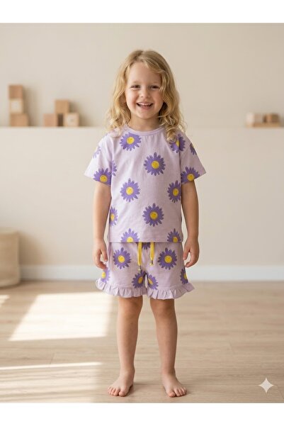 Motebarn Wear Devojčin ljubičasti cvetni set Set gornjeg i donjeg dela lila
