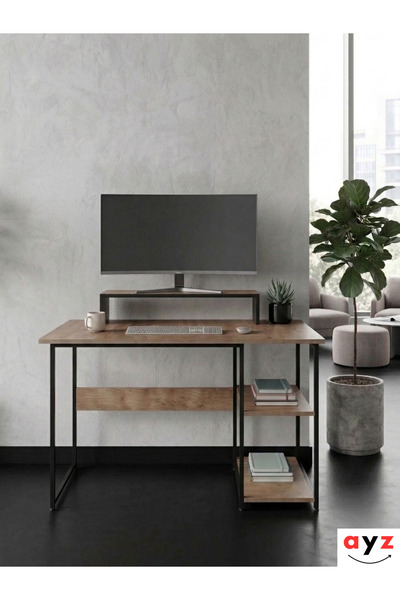 AYZ 2 Raflı Çalışma Masası 60x120 cm Metal Ayaklı Bilgisayar Masası Modern Of...
