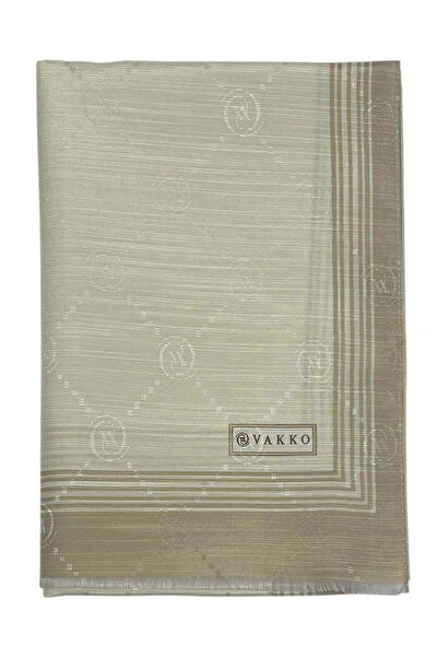 Vakko شال من الحرير القطني - مونوغرام مع حواف - بيج ناعم