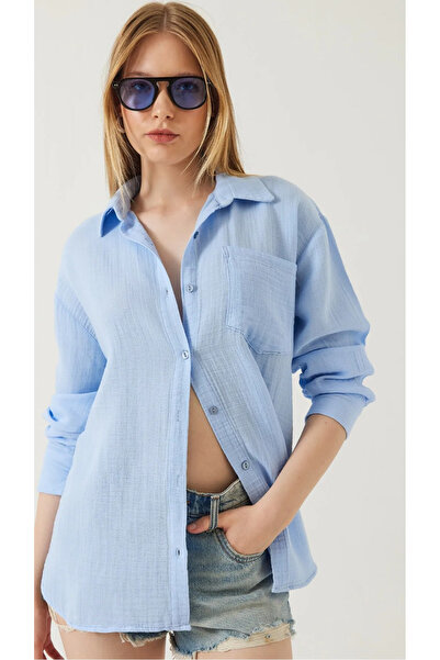 THIFF GYMWEAR Γυναικείο πουκάμισο μουσελίνας Basic Oversize με τσέπες