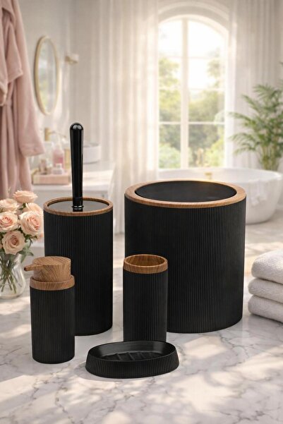 Okyanus Home Mina Μαύρο Ξύλινο Σχέδιο Ριγέ Στρογγυλό Σετ Μπάνιου 5 τεμαχίων