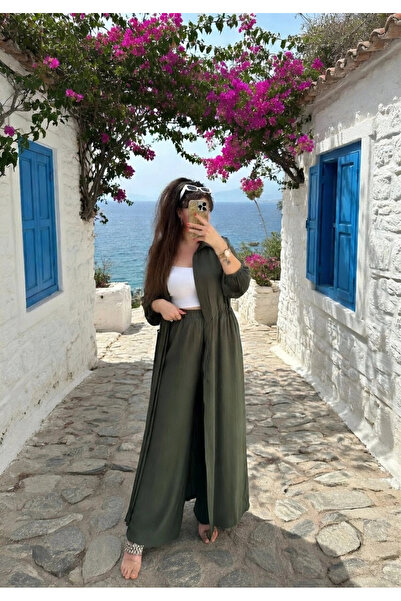 AZRA BUTİK طقم تونيك برباط عند الخصر باللون الكاكي